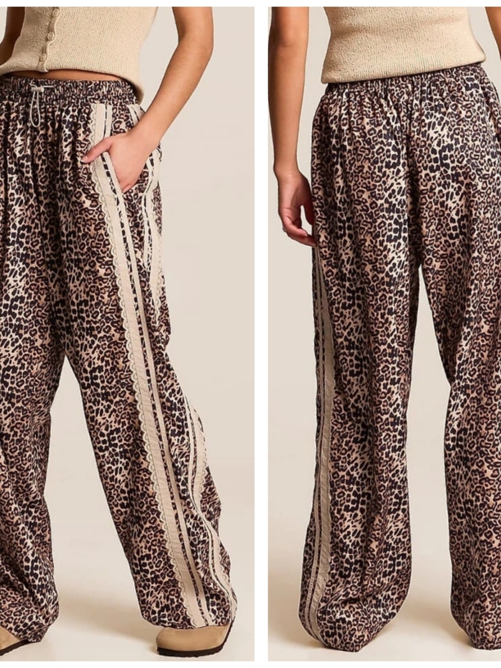 Buckle Beige & Black Leopard Wide-Leg Track Pants with Side Stripe